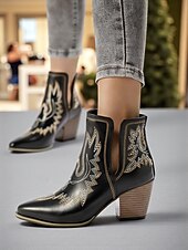levne Cowboy &amp; Western Boots-Dámské kovbojské kotníkové boty v západním stylu s vyšívanými detaily, módní boty na blokovém podpatku pro běžné nošení ve městě