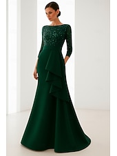 preiswerte Meerjungfrau Abendkleider-blau-schwarzes Meerjungfrau-Abendkleid, elegantes Kleid, formelle Hochzeit, bodenlang, lange Ärmel, U-Boot-Ausschnitt, Champagner, Satinkleid für die Brautmutter mit Glitzerrüschen 2025