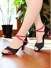 baratos Sapatos de Dança Latina-Sandálias femininas pretas e vermelhas para dança latina - sapatos de salão profissionais com bico aberto e salto médio com tira no tornozelo para performance e prática