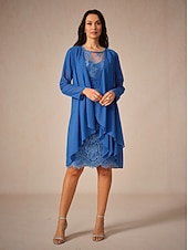 cheap Dress Sets-Women&#039;s Wedding Guest Jacket Dress Lace Dress Chiffon Dress Cocktail Dresses Formal Dresses Cardigan Ruched Long Sleeve Cocktail Party Blue Spring Summer Fall