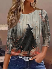 Χαμηλού Κόστους Μπλούζες αποκριών-Halloween Γυναικείο T shirt Μάγισσα Μακρύ Λεβέτη Γραφικά Vintage Casual Μακρύ Λαιμό Κανονικά Μπλουζάκια Καθημερινή Εκτύπωση Ροζ Πορτοκαλί Χακί Άνοιξη Φθινόπωρο Προφθινόπωρο