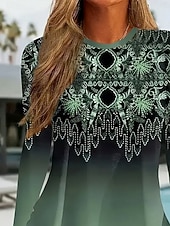 levne květinové tričko-Dámské Tričko Květinový Grafika Geometrický Elegantní Vinobraní Módní Dlouhý rukáv Tričkový Kulatý Běžné topy Denní Víkend Tisk Šalvějová zeleň Jaro Podzim Zima
