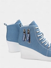 tanie Trampki damskie-damskie buty sportowe na koturnie z denimu, sznurowane z przodu i zapinane na suwak z boku, codzienne buty na wysokiej platformie do noszenia na co dzień