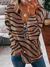 preiswerte Tiere Tops-Damen Pullover Sweatshirt Sweatshirts mit Reißverschluss Grafik Leopard Zebra Mode Lässig Langarm Rundhalsausschnitt Normale Oberteile Straße Alltagskleidung Reißverschluss Druck Braun Frühling