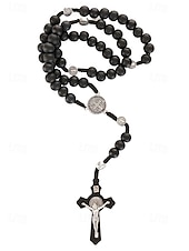 abordables Joyas para hombres-Rosario de madera para hombre con medalla de San Benito y crucifijo: cuentas de oración católicas para el culto religioso, la reflexión espiritual y la devoción diaria.