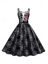 女性用スカルプリントミニドレス Aラインドレス カジュアル デイリー ホリデー レギュラーフィット スカル ノースリーブ スパゲッティストラップ ブラック ホワイト ワイン サビレッド 夏 春 秋 お買い得  頭蓋骨と骨のドレス-女性用スカルプリントミニドレス Aラインドレス カジュアル デイリー ホリデー レギュラーフィット スカル ノースリーブ スパゲッティストラップ ブラック ホワイト ワイン サビレッド 夏 春 秋