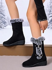 זול מגפי שלג וחורף-מגפי חורף שחורים לנשים עד אמצע השוק - מגפי שלג עם בטנת פרווה רכה, עקב טריז נגד החלקה, נעלי טרקים וטיולים חמות