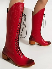 levne Cowboy &amp; Western Boots-vintage červené šněrovací westernové kovbojské boty - dámské kožené boty po kolena pro country a western akce