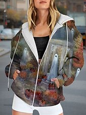 Halloween Women's Zip Up Hoodies Ghost Graphic Pumpkin Fashion Casual Long Sleeve Hooded Regular Tops Street Dailywear Zipper Pocket Print Dark Gray Gray Spring Fall4