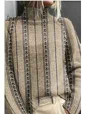 billiga Pullover &amp; Toppar-Dam Tröja Ledigt Mjukt Blommig Grafisk Rutig Ribbad Polokrage Stickat Långärmad Vanliga toppar Sticka Utomhus Dagligen Helgen Gul Fuchsia Höst Vinter