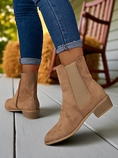 Χαμηλού Κόστους Μπότες Τσέλσι-Γυναικεία μποτάκια chelsea από τεχνητό σουέτ – με φερμουάρ στο πλάι και ελαστικό πάνελ, μπότες chelsea με χαμηλό τακούνι για φθινοπωρινές βόλτες, ψώνια και χαλαρές εξόδους