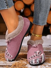 economico Scarpe di Natale per Donne-scarpe slip-on da donna con fodera in pelliccia ricamata rossa e motivo floreale, calde scarpe invernali per Natale, periodo festivo e abbigliamento casual