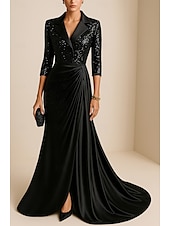 billige Tuxedokjoler-Havfrue Kveldskjoler Elegant Kjole Formell Bryllup Gulvlengde Langermet Knaphul Champagne Mother Of the Bride-kjole Elastisk satin med Glimmer Plissert 2025