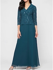 levne Délka kotníků-áčkové šaty pro matku nevěsty s portrétním límcem, elegantní jednoduché, minimalistické, s výstřihem do V, délka na zem, šifon, flitrovaná krajka, 3/4 rukávy s vroubkovaným lemem, 2025