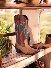 levne Cowboy &amp; Western Boots-dámská hnědá &amp;Hnědé kovbojské boty se srdíčky - elegantní západní styl obuvi pro městskou módu
