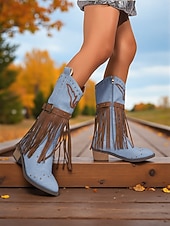 Χαμηλού Κόστους Καουμπόη και δυτικές μπότες-Γυναικείες καφέ μπότες μέχρι το γόνατο με κρόσσια από τεχνητό δέρμα, λεπτομέρειες με τρουκς και χαμηλά τακούνια, μποέμ παπούτσια σε στιλ καουμπόι γουέστερν