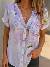 בגדי ריקוד נשים חולצה פרח מודרני יום יומי שרוולים קצרים צווארון V חולצות רגילות יומי חגים כפתורים דפוס ירוק דשא פול סגול תלתן סתיו זול חולצות פרחוניות-בגדי ריקוד נשים חולצה פרח מודרני יום יומי שרוולים קצרים צווארון V חולצות רגילות יומי חגים כפתורים דפוס ירוק דשא פול סגול תלתן סתיו