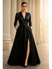economico Abiti da Sera a Linea A-Linea ad A Abito da Sera Elegante Abito formale Formale Matrimonio Lunghezza al pavimento Manica 3/4 Scollo a V Raso con Pieghe Paillettes Spacco 2025