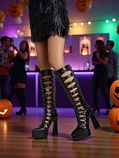 abordables Pour les femmes-Bottes hautes gothiques ajourées pour femmes, bottes à talons à lacets rétro avec design découpé, chaussures de costume élégantes pour tenues de fête d&#039;Halloween