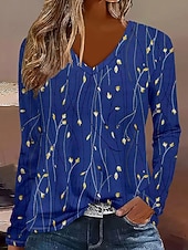 abordables T-shirt floral-Femmes T-shirt Fleuri Graphique Plantes ancien Élégant Classique manche longue Col en V Hauts Réguliers Quotidien Imprimé bleu marine Printemps Automne Hiver