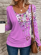 abordables T-shirt floral-Femmes T-shirt Fleuri Graphique ancien Élégant Occasionnel manche longue Col ras du cou Hauts Réguliers Quotidien Patchwork Imprimé Jaune Rose Claire Bleu Violet Vert Automne Hiver