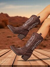 levne Cowboy &amp; Western Boots-Dámské semišové kovbojské boty s vyšívaným designem, westernové, s blokovým podpatkem do poloviny lýtek, retro styl, módní boty pro městské běžné nošení