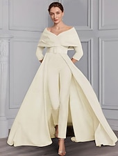 billige Mammas jumpsuits-Jumpsuit Mor til Bruden Formell Bryllupsgjest Elegant Fest Skjort Utringning Off Shoulder Ankellang Stretch Stoff 3/4 Lengde Ermer med Belte  Bånd