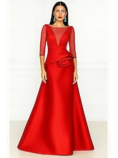 cheap A-Line Evening Dresses-A-Line Floor Length Evening Gown Ball Gown Formal Dress Elegant 3/4 Length Sleeve Illusion Neck Formal Wedding Pink Dress Satin with Beading