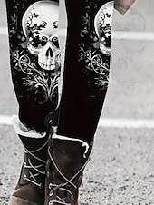 cheap Graphic Leggings-Women's Leggings Vacation Vintage Fashion Full Length High Waist Graphic Skull Printing Soft Breathable High Elasticity Outdoor Street Causal Black Spring Fall Winter Slim Fit