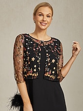 Недорогие Пиджаки и костюмы-Жен. Блейзер Куртка Легкость Кружева Вышивка Элегантный стиль Цветочный принт Официальные Годовщина Для вечеринок Свадебный гость Открытый перед Короткая "Круглый вырез ""под горло""" Стандартный