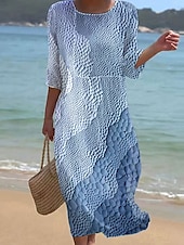 billiga Konst och design klänningar-Kvinnors Maxiklänning Kaftan 3/4 Lång Ärme Crew Neck Avslappnad Klänning A-linjeformat Klänning Boho Regelbunden Passform Grafisk Geometrisk Abstrakt Rosa Blå Lila Grön Vår Höst