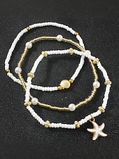 billiga Damarmband-3-delat pärlhängesset för kvinnor – guldlegering och vita pärlor med sjöstjärnor och snäckor, bohemiska strandsmycken för sommarsemester och vardagliga outfits