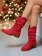 abordables Bottes souples-Bottes mi-mollet souples en faux daim rouge pour femmes avec talon bas et languettes de traction – chaussures d&#039;hiver et de vacances élégantes pour les tenues décontractées et Noël