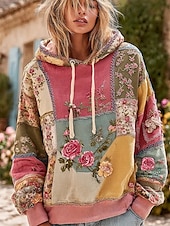 billige Blomstrete topper-Kvinners 3D Print Hettegenser Pullover Sweatshirt Oversized Langermet Casual Grafikk Blomster Varm Aktiv Hette Vanlige Topper Gate Dagligbrus Lappeteppe Rosa Mørk Rosa Blå Lilla Grønn Vår Høst Vinter