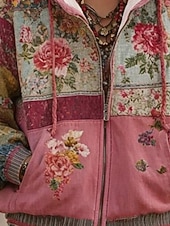 preiswerte Streifen- und geometrische Oberteile-Frauen 3D Druck Zip-Up Hoodies Blumen Grafik Mode Lässig Boho Langarm Kapuze Reguläre Tops Straße Alltag Lässig Patchwork Reißverschluss Tasche Rot Frühling Herbst
