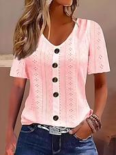 abordables Hauts en dentelle-Hauts en dentelle blancs élégants pour femmes Blouse en œillets Hauts quotidiens réguliers à manches courtes col en V Boutons Détente ample Hauts romantiques petits pour l&#039;été Vacances Blanc Rose