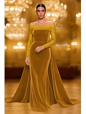 economico Abiti da ballo-abito da sera in velluto elasticizzato a sirena/tromba con cravatta nera e sopragonna elegante, abito formale da sposa, strascico a ruota, senza maniche, spalle scoperte, tulle 2025