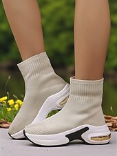 levne Kotníkové boty-Dámské béžové ponožkové kozačky z flyknit pleteniny s platformovou podrážkou – lehká ležérní obuv na outdoor, cestování a sport