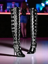 baratos Festa da Vida Noturna-Botas femininas brancas com fivela alta na coxa - botas de festa sexy com salto agulha e peep toe para mulheres, calçados da moda gótico punk para boates, apresentações de palco e festivais