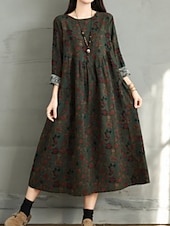 abordables robes imprimées en coton et lin-Femmes Robe maxi Robe trapèze Occasionnel Quotidien Coupe régulière Fleuri manche longue Col ras du cou Bleu marine Rouge Vert foncé Marron Été Automne