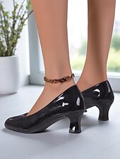 economico Décolleté con kitten heel-Scarpe eleganti da donna in similpelle nera verniciata con tacco medio - classiche décolleté con punta tonda per ufficio, abbigliamento business e chiesa.