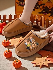 abordables Pour les femmes-Chaussons d&#039;Halloween doublés de polaire pour femmes - chaussures d&#039;intérieur confortables avec imprimé citrouille de dessin animé, semelle antidérapante douce, style automne-hiver chaud pour la maison et les cadeaux de vacances