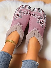 economico Scarpe di Natale per Donne-scarpe slip-on da donna con fodera in pelliccia ricamata rossa e motivo floreale, calde scarpe invernali per Natale, periodo festivo e abbigliamento casual
