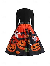 ieftine Rochie de Halloween-Rochie midi de Halloween pentru femei cu imprimeu de dovleac rochie în formă de A casual zi de zi vacanță croială regulată dovleac mânecă lungă guler în V galben albastru mov portocaliu vară