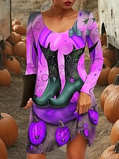 abordables Robe d&amp;#39;Halloween-Robe Mini Femme Halloween Col Rond Manches Longues Robe T Shirt Robe Tee Robe A Ligne Robe Décontractée Quotidienne Sortie Coupe Regular Graphique Citrouille Bleu Violet Orange Vert Automne Hiver