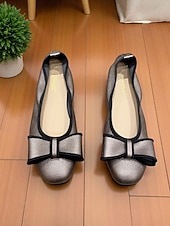 abordables Ballerines femme-Ballerines en similicuir crème pour femmes - chaussures à enfiler à bout rond avec bordure noire et nœud décoratif, chaussures confortables pour un usage décontracté, au bureau et au quotidien