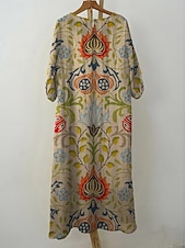 olcso Virágos ruha-Női Maxi Ruha Kaftan 3/4 Hosszú Ujjú Környakú Lazac Átmeneti Ruha Boho Mindennapi Ünnepi Randi Virágos Grafika Sárga Rózsaszín Kék Zöld Tavasz Ősz