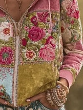 abordables Hauts Floraux-Femmes Sweats à capuche zippés Fleuri Punk Actif ancien manche longue À capuche Hauts Réguliers Maison Tenue Quotidienne Occasionnel Patchwork Rose Claire Gris foncé Beige Automne Hiver
