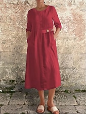 abordables robes imprimées en coton et lin-Femmes Robe Midi Robe Décontractée Robe en coton et lin Basique Moderne Quotidien Week-end Coupe régulière Uni Manche 3/4 Col ras du cou Noir Blanche Jaune Rouge Été Printemps Automne