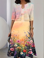 abordables Robe Fleurie-Ensemble de robes pour femmes en deux pièces robe midi avec veste élégante robe en A manches mi-longues robe décontractée semi-formelle imprimé floral ombragé encolure en V rendez-vous jaune clair